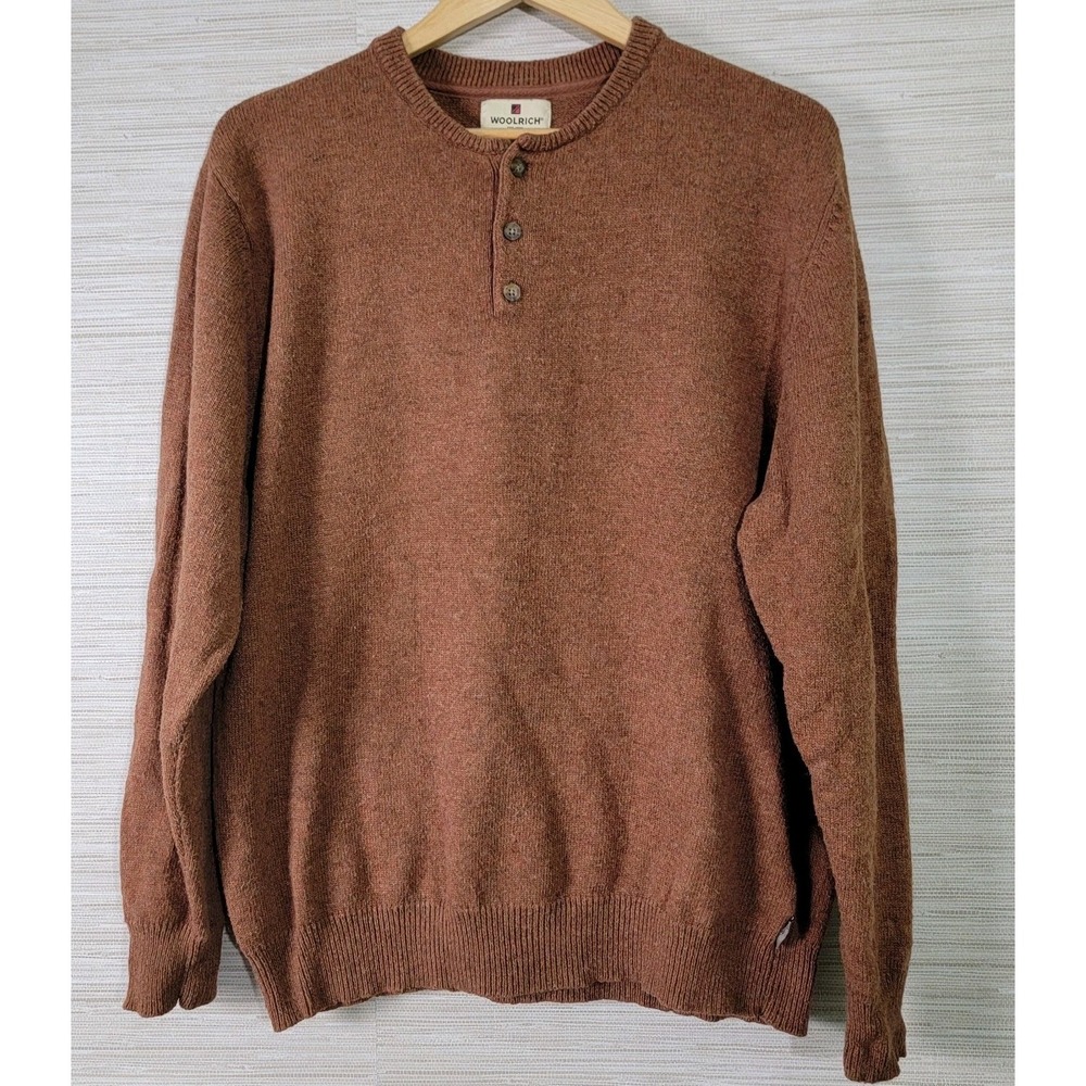 Woolrich Men's Henley Sweater Russet Brown Large Cotton Lambswool Blend Knit